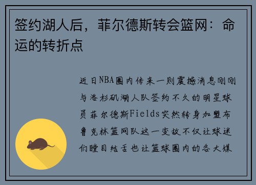 签约湖人后，菲尔德斯转会篮网：命运的转折点